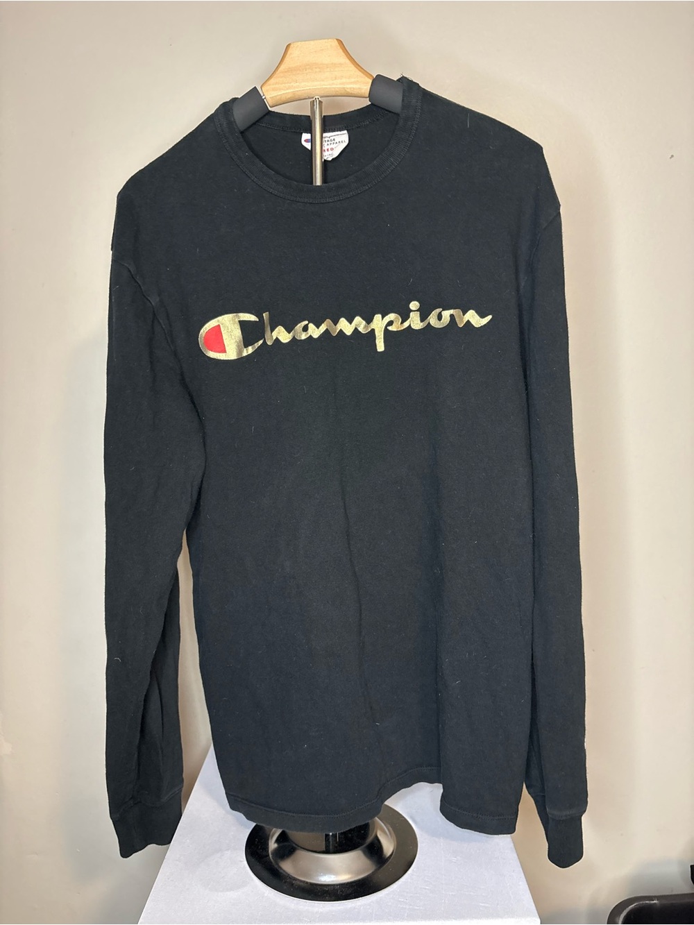 Vintage Champion Black Long Sleeve Tee with Gold Script Logo